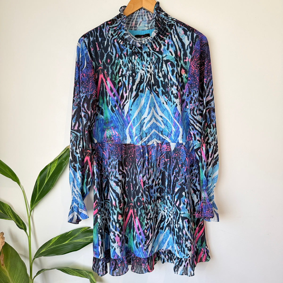 Augustine Blue Abstract Animal Print Long Sleeve Dress Size XS