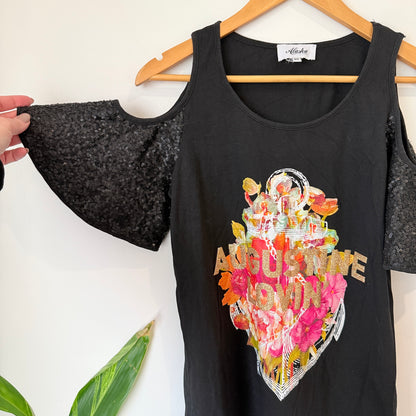 Alaska Tees Black Sequin Cold Shoulder Print Top Size XS