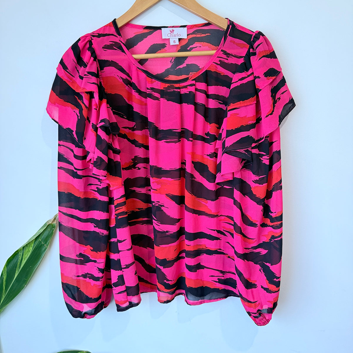Charlo Pink and Black Abstract Print Top Size 6