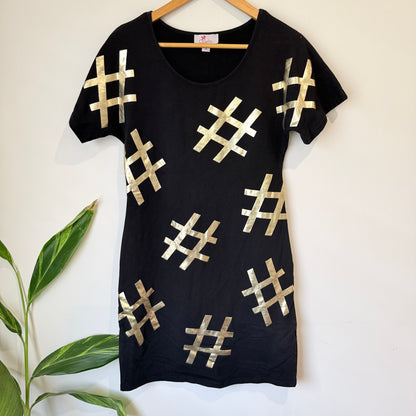 Charlo Black Gold Hashtag Print T-Shirt Dress Size 8