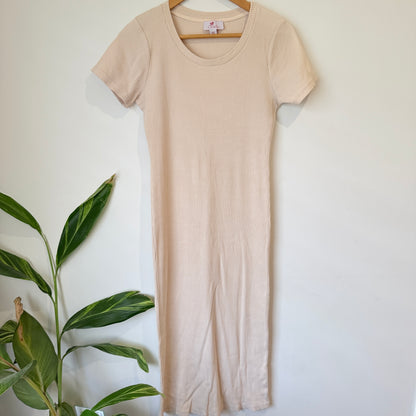 Charlo Cream Ribbed Short Sleeve Midi Dress Size 10