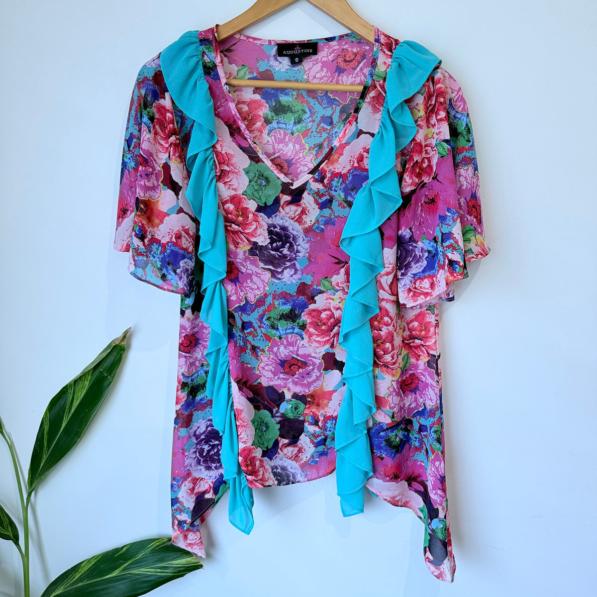 Augustine Pink Floral Print Ruffle Top Size S