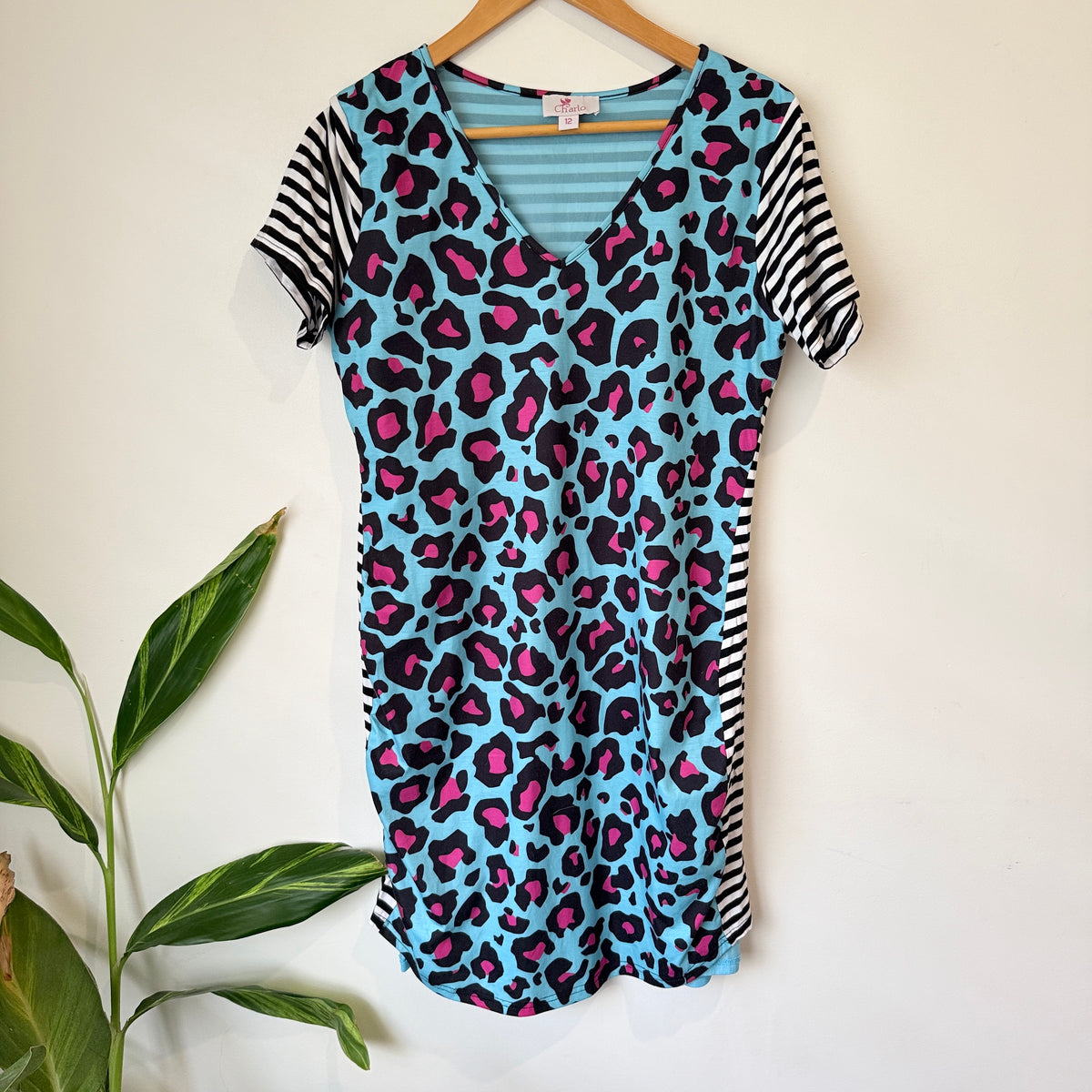 Charlo Blue Leopard Print and Stripe Dress Size 12