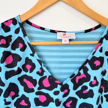 Charlo Blue Leopard Print and Stripe Dress Size 12