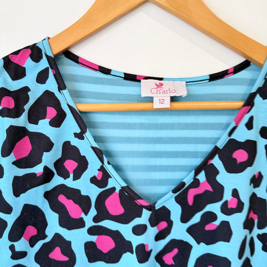 Charlo Blue Leopard Print and Stripe Dress Size 12