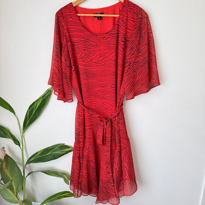 Amaya Red and Navy Print Flutter Sleeve Dress Size 12