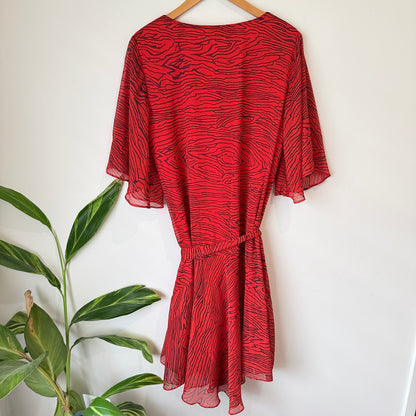 Amaya Red and Navy Print Flutter Sleeve Dress Size 12