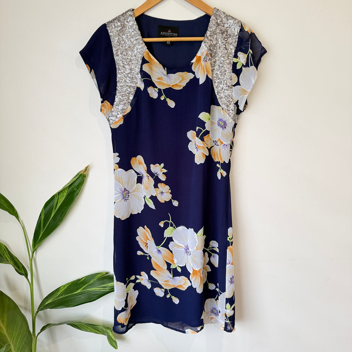 Augustine Navy Floral Print Sequin Shoulder Dress Size XS