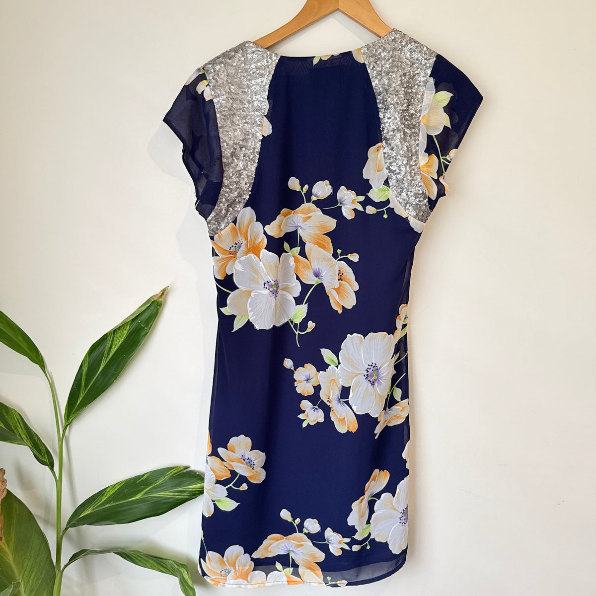 Augustine Navy Floral Print Sequin Shoulder Dress Size XS
