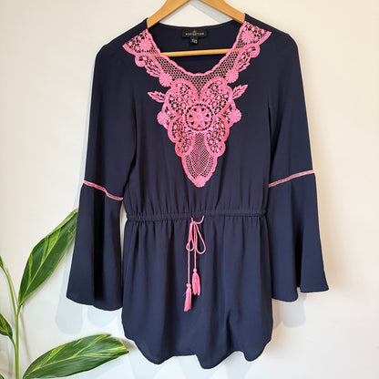 Augustine Navy Pink Lace Bell Sleeve Playsuit Size XXS