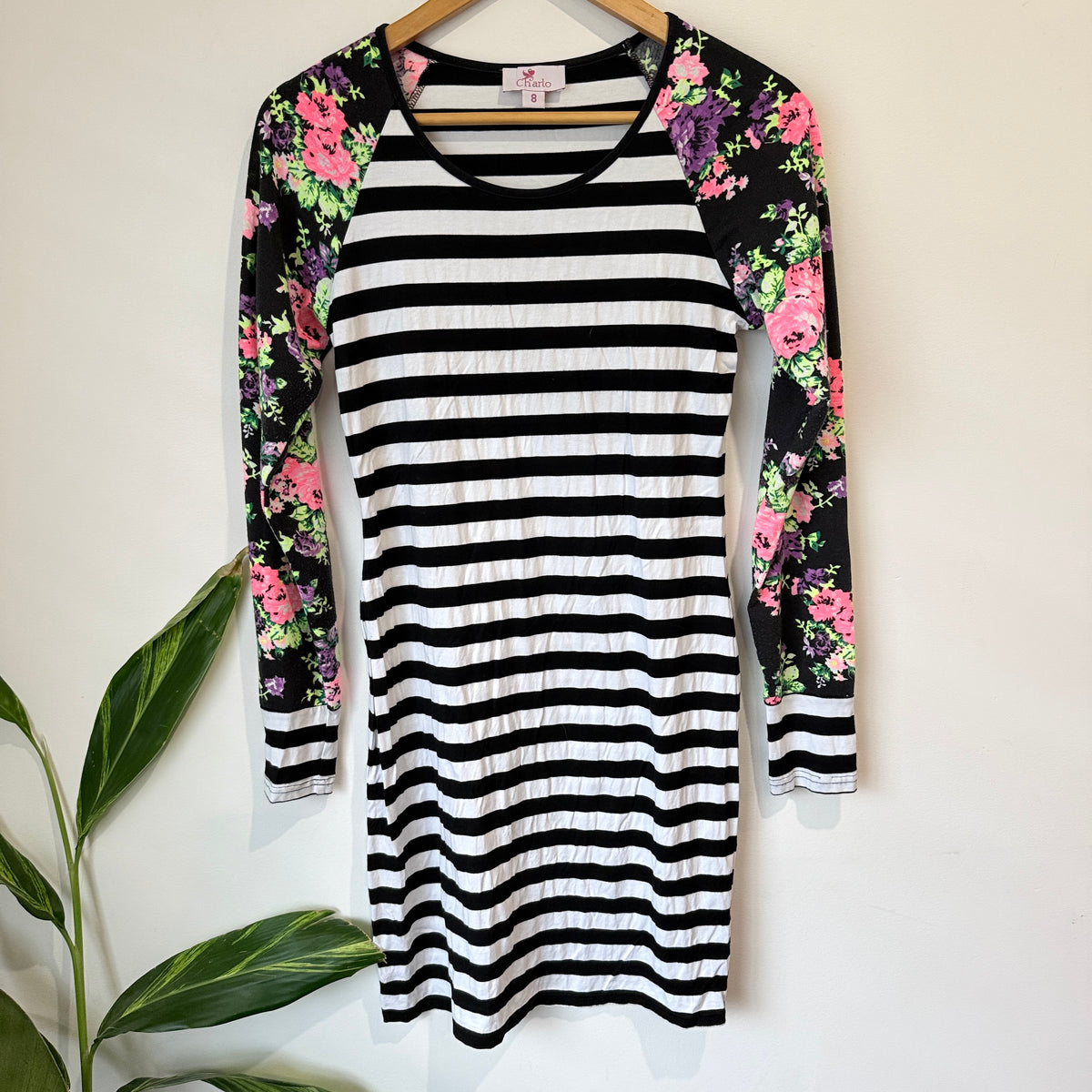 Charlo Black and White Stripe Floral Sleeve Dress Size 8