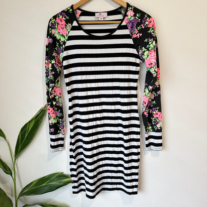 Charlo Black and White Stripe Floral Sleeve Dress Size 8