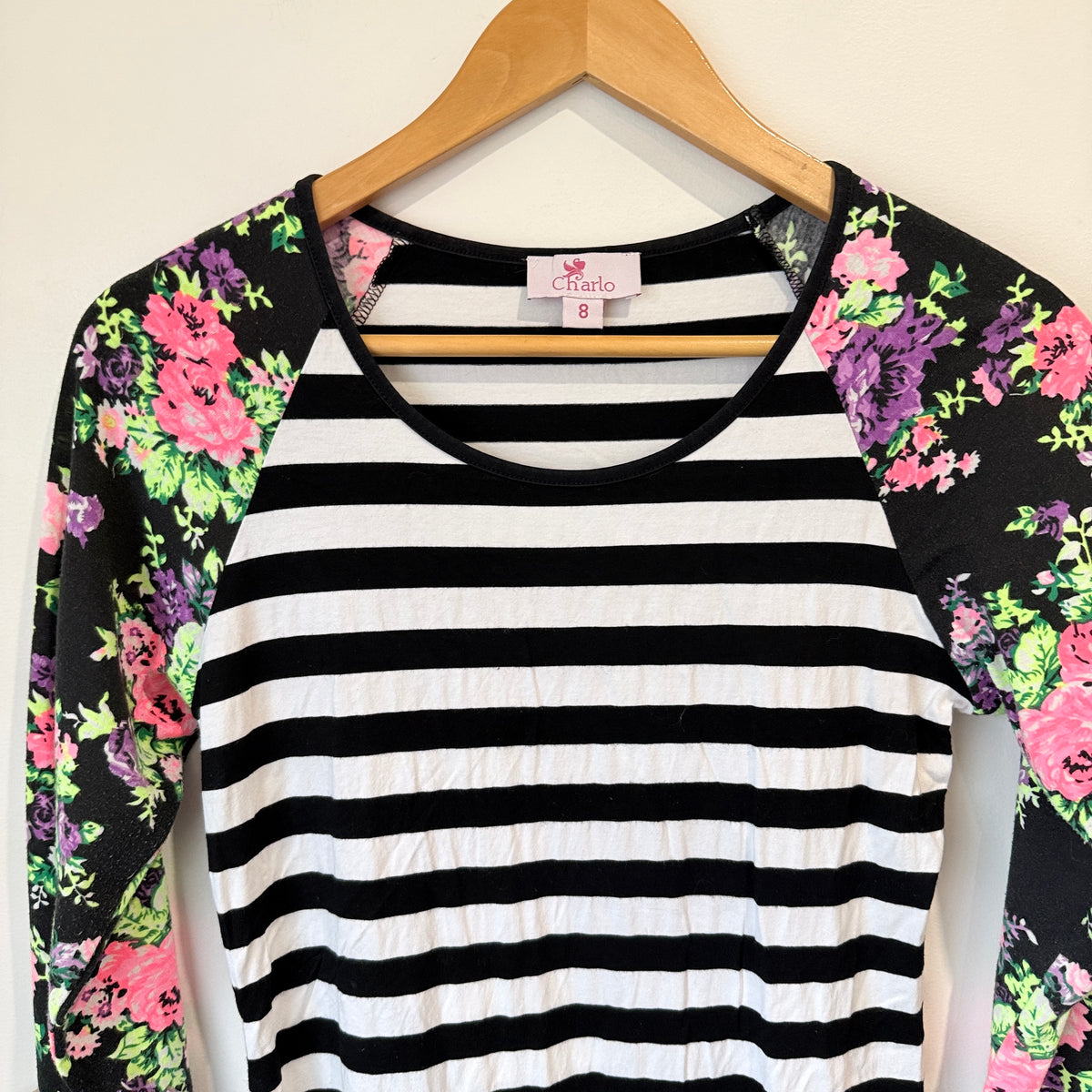Charlo Black and White Stripe Floral Sleeve Dress Size 8