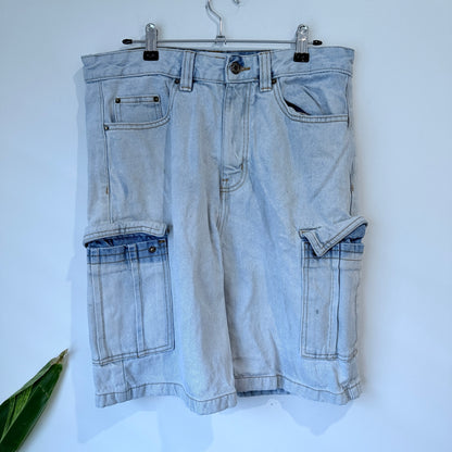 Absent Bleached Wash Baggy Denim Cargo Shorts Size 30