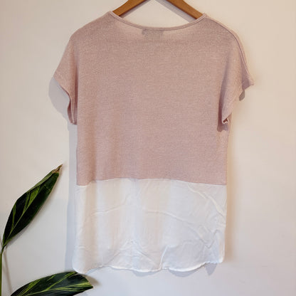 Mirrou Blush Metallic Knit Top with Chiffon Hem Size L