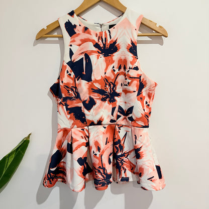 Pagani Coral and Navy Floral Print Peplum Top Size 10
