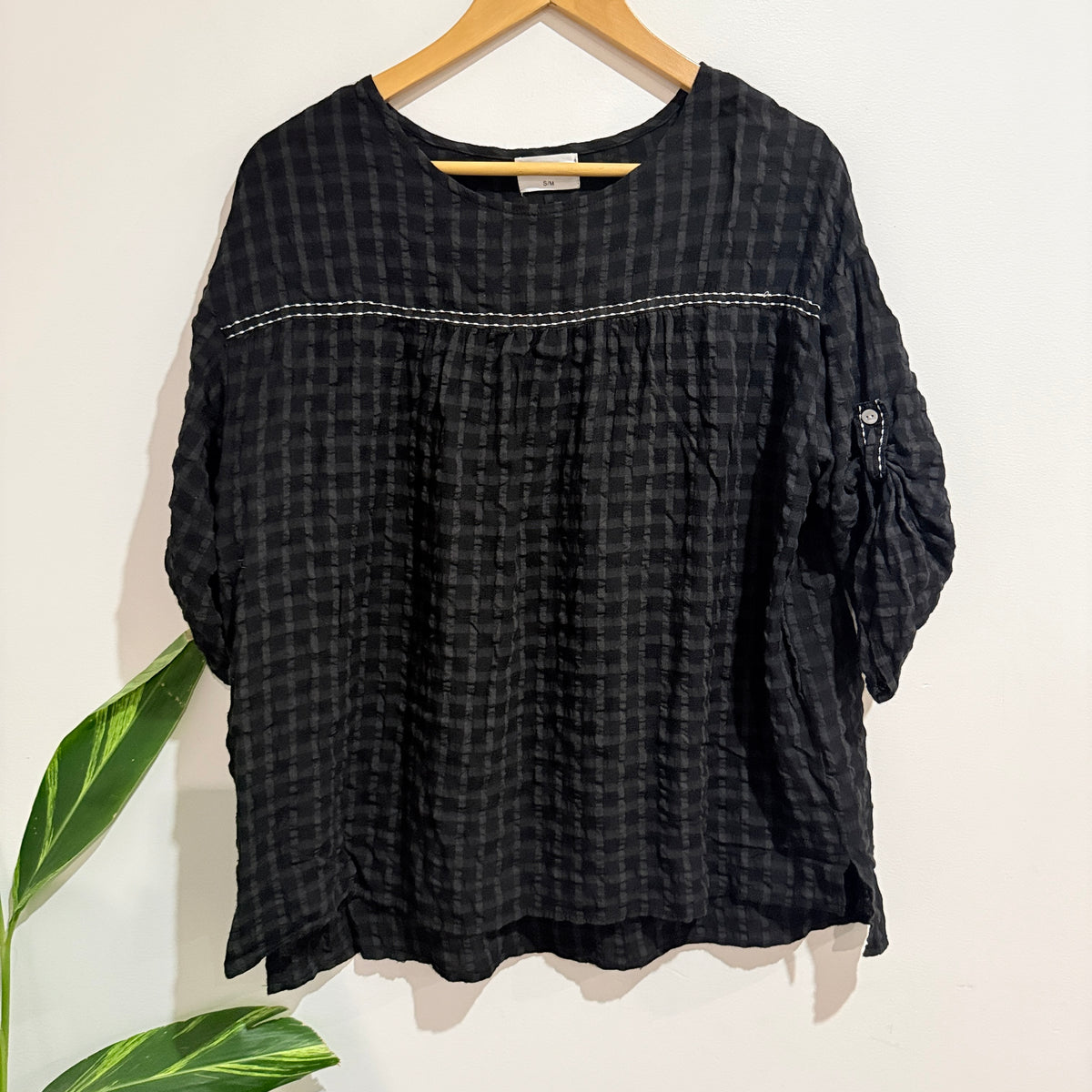 Cali & Co Black Textured Check Smock Top Size S/M