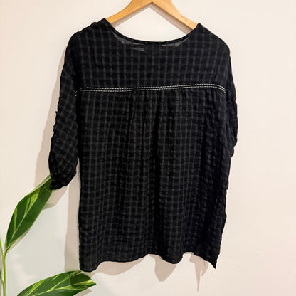Cali & Co Black Textured Check Smock Top Size S/M
