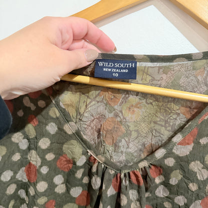 Wild South Olive Floral Print Sheer Top Size 10