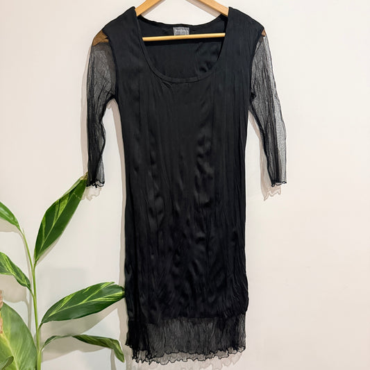 Jean Jones Black Mesh Sleeve Crinkle Dress Size S