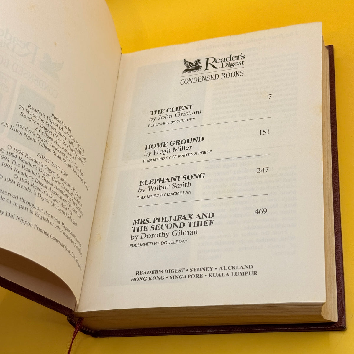 The Client, Home Ground, Elephant Song and Mrs Pollifax and the Second Thief by John Grisham, Hugh Miller, Wilbur Smith and Dorothy Gilman (1994)