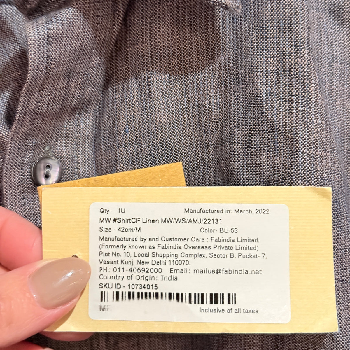 Fabindia Grey Linen Comfort-Fit Shirt Size M