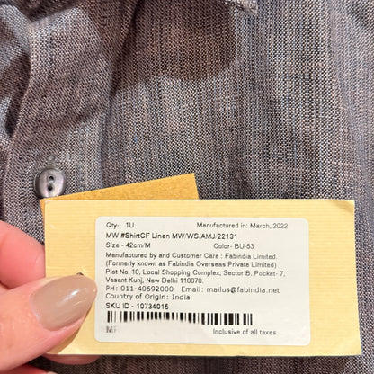 Fabindia Grey Linen Comfort-Fit Shirt Size M