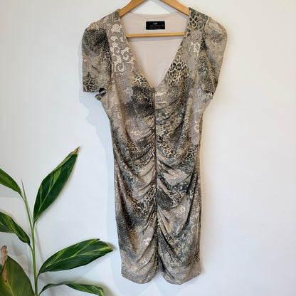 Cue Animal Print Ruched Cap Sleeve Dress Size 14