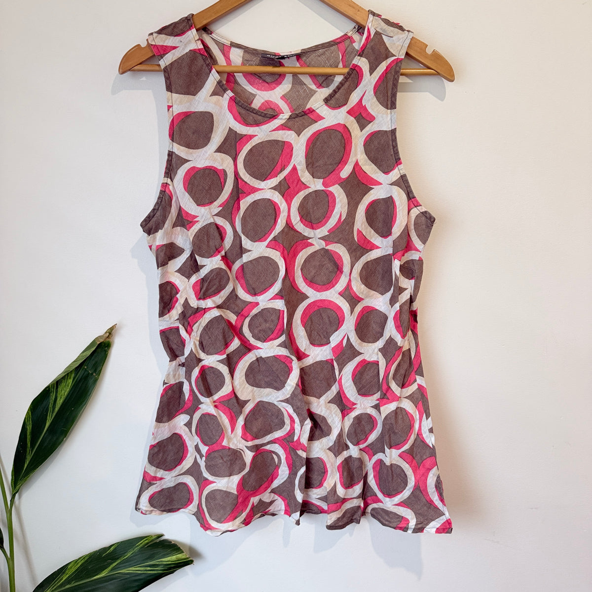 Duchamp Pink and Taupe Circle Print Linen Top Size 18