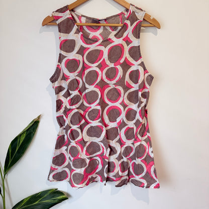 Duchamp Pink and Taupe Circle Print Linen Top Size 18