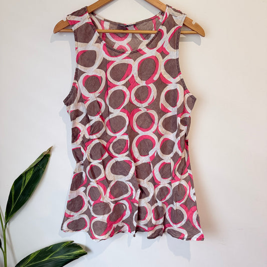 Duchamp Pink and Taupe Circle Print Linen Top Size 18