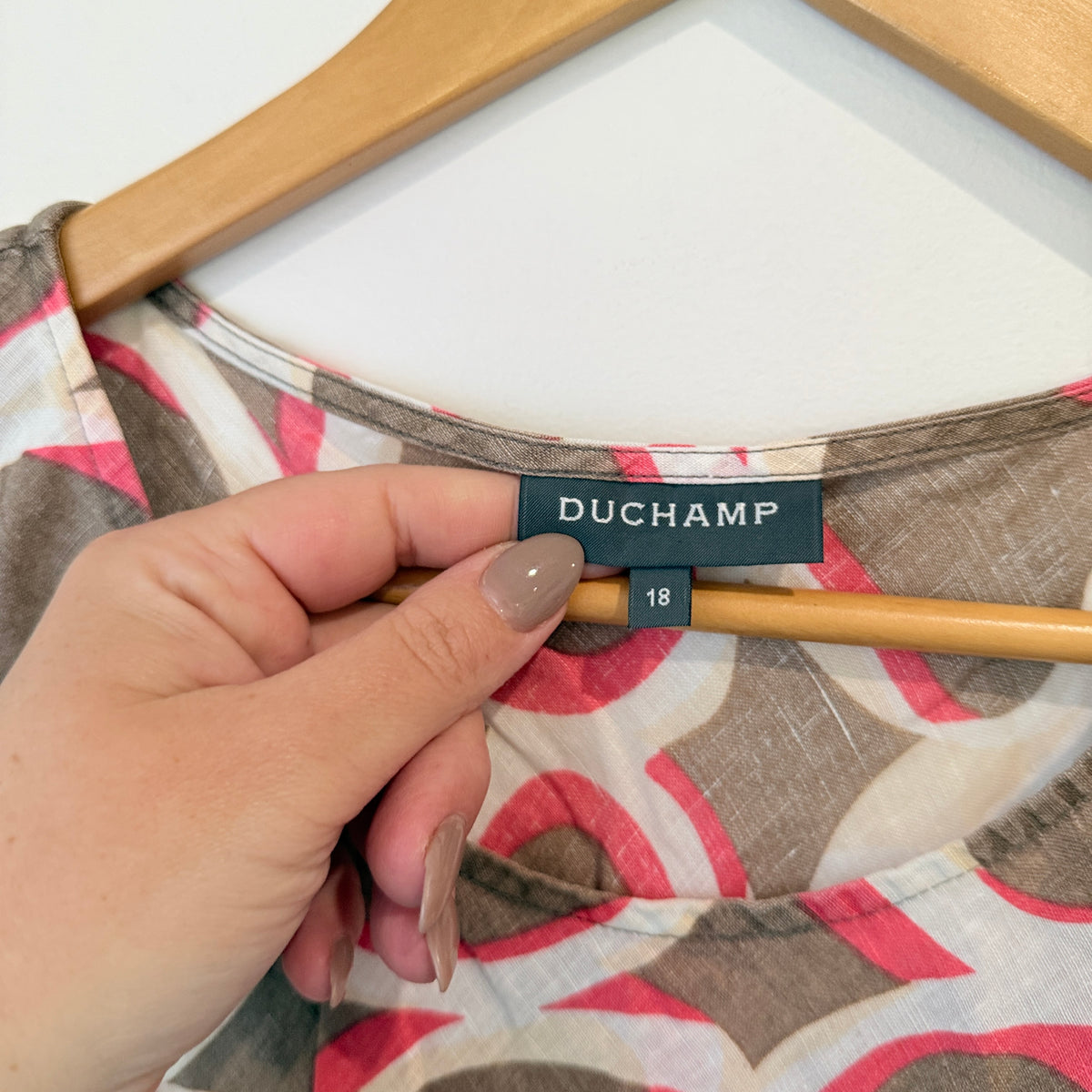 Duchamp Pink and Taupe Circle Print Linen Top Size 18