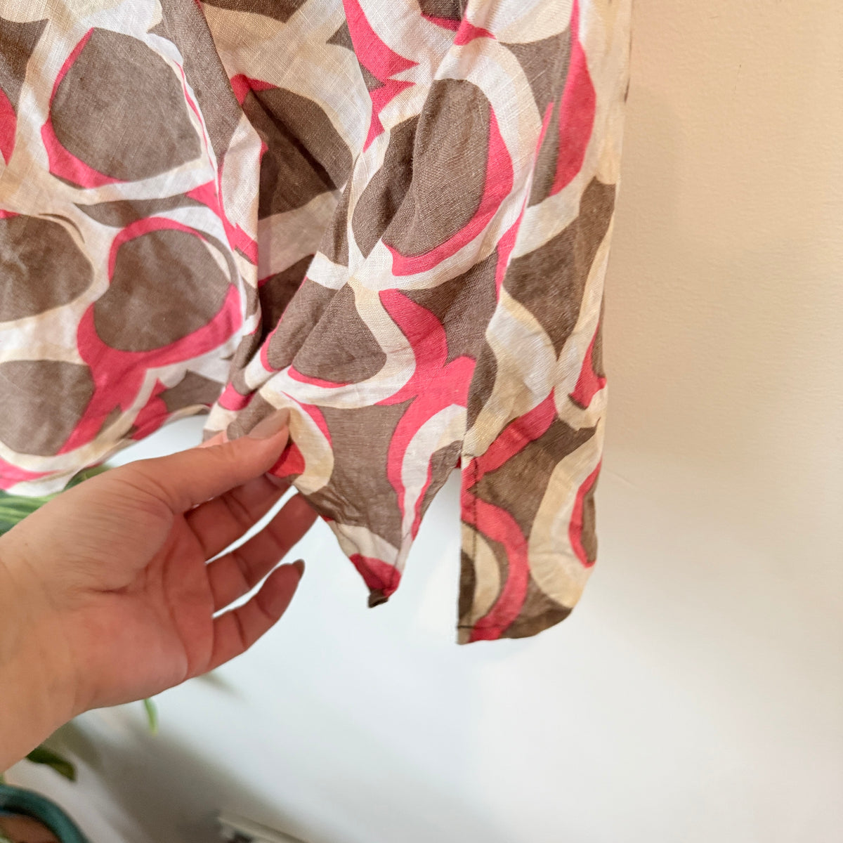 Duchamp Pink and Taupe Circle Print Linen Top Size 18