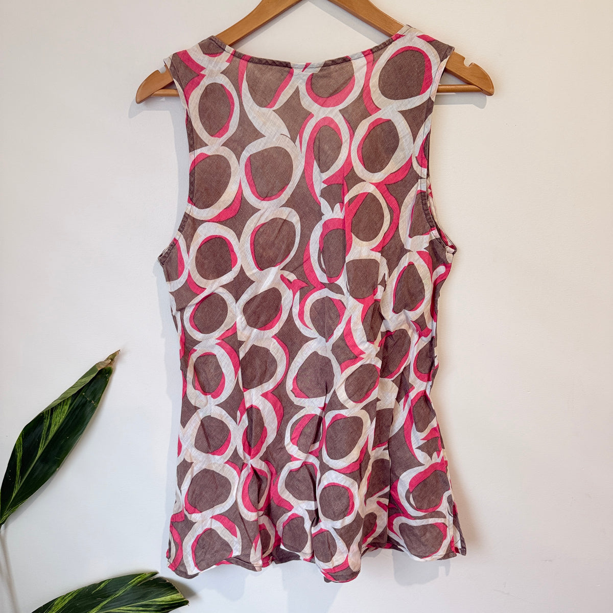 Duchamp Pink and Taupe Circle Print Linen Top Size 18