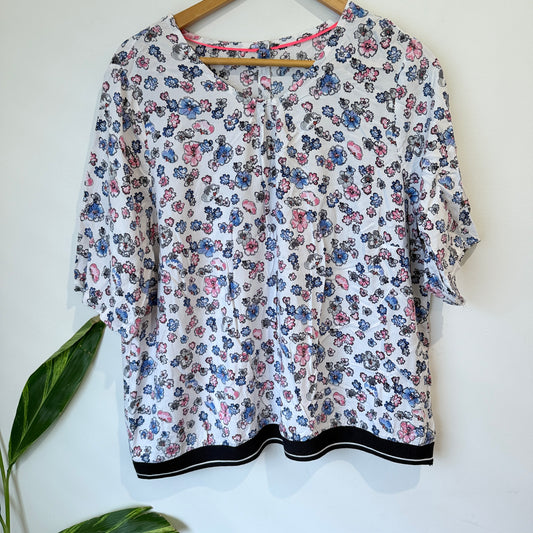Blue and Pink Floral Print Stripe Hem Top