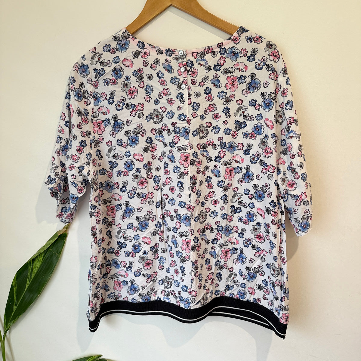 Blue and Pink Floral Print Stripe Hem Top