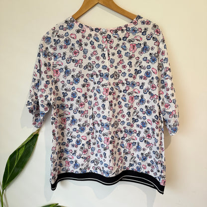 Blue and Pink Floral Print Stripe Hem Top