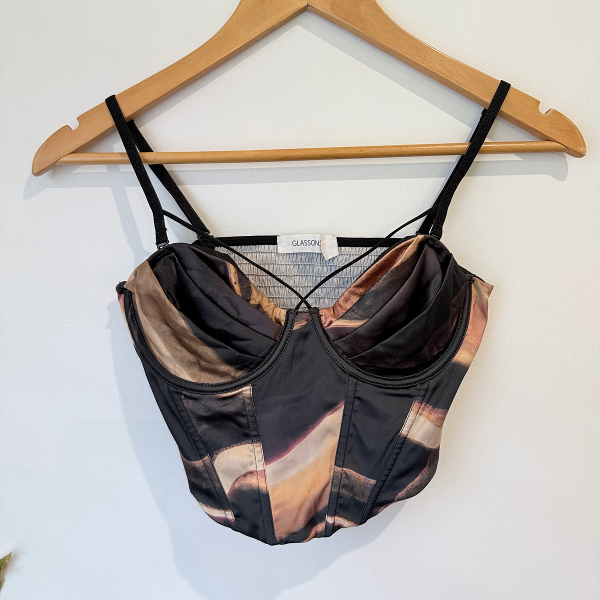 Glassons Bronze and Black Print Satin Corset Top Size 10