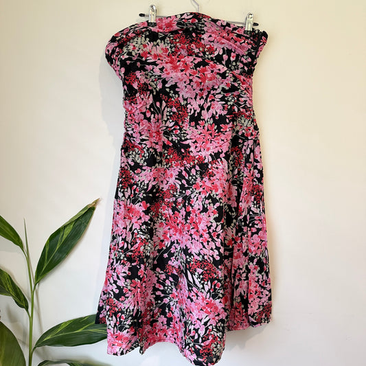 Portmans Pink and Black Floral Strapless Dress Size 16