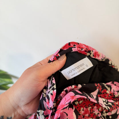 Portmans Pink and Black Floral Strapless Dress Size 16