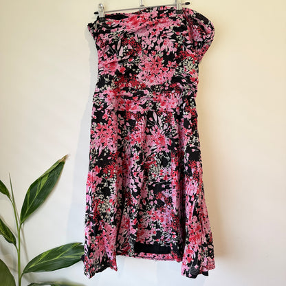 Portmans Pink and Black Floral Strapless Dress Size 16