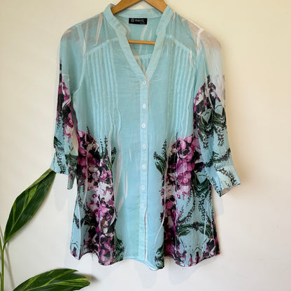 Merric Aqua Floral Print Sheer Shirt Size 8