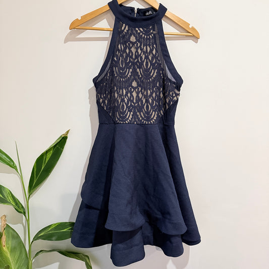 Dotti Navy Lace Bodice High Neck Skater Dress Size 12