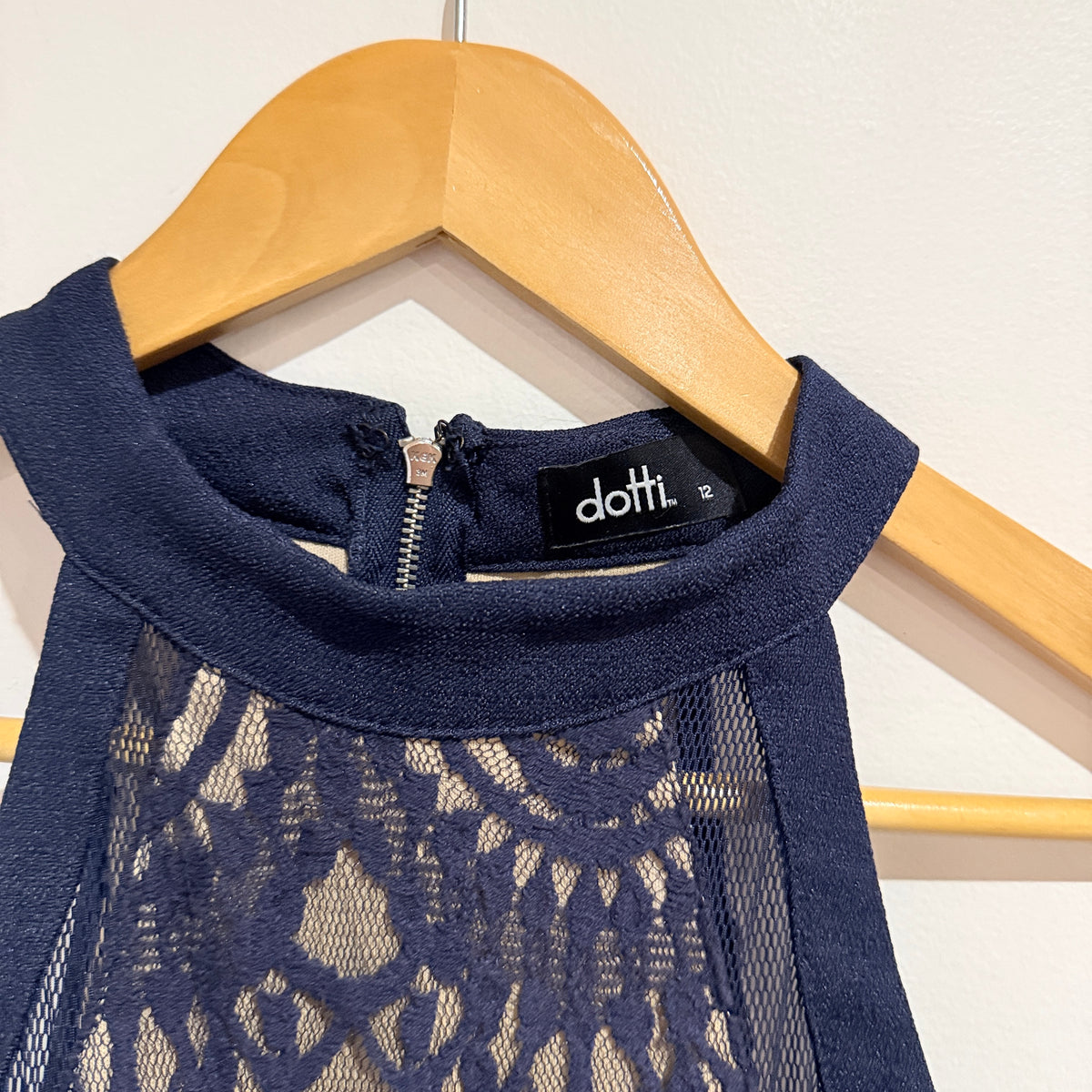 Dotti Navy Lace Bodice High Neck Skater Dress Size 12
