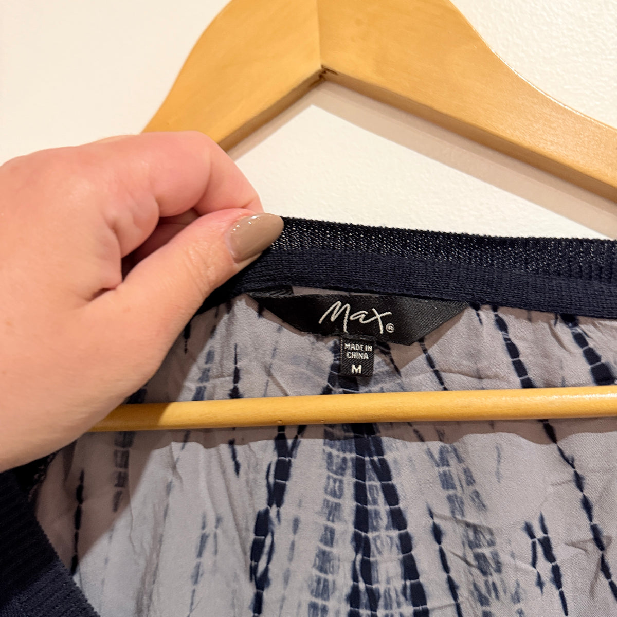 Max Navy Knit Top with Tie Dye Print Back Size M