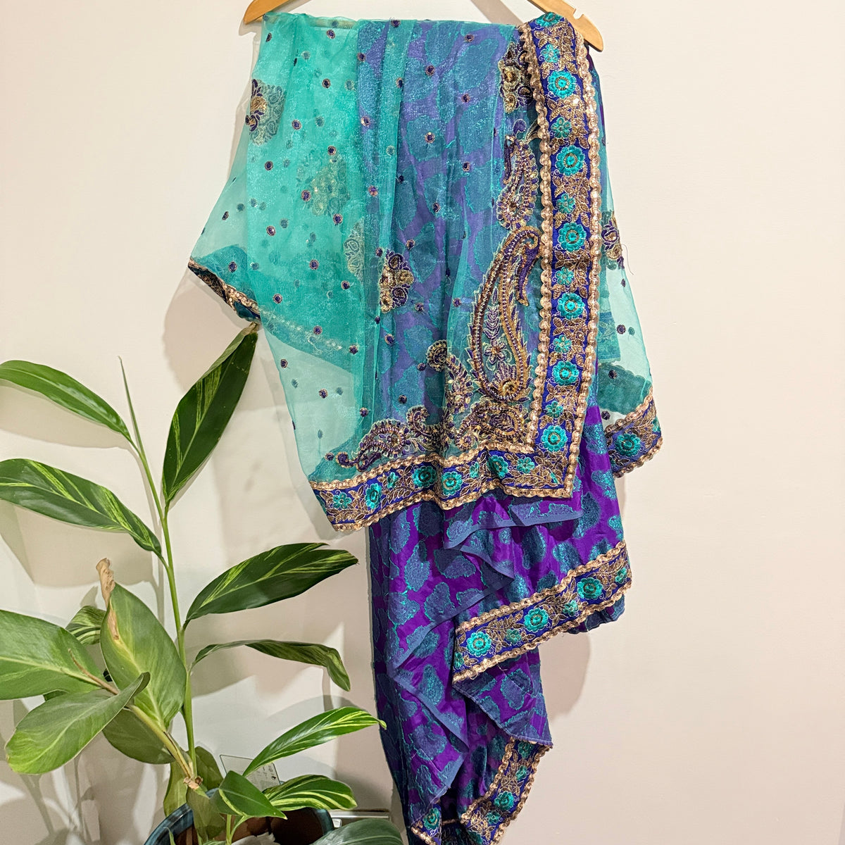 Turquoise and Purple Embroidered Saree