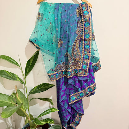 Turquoise and Purple Embroidered Saree
