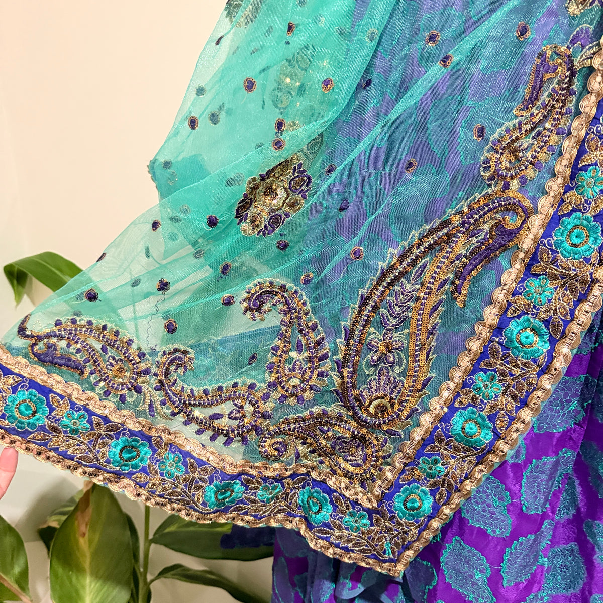 Turquoise and Purple Embroidered Saree