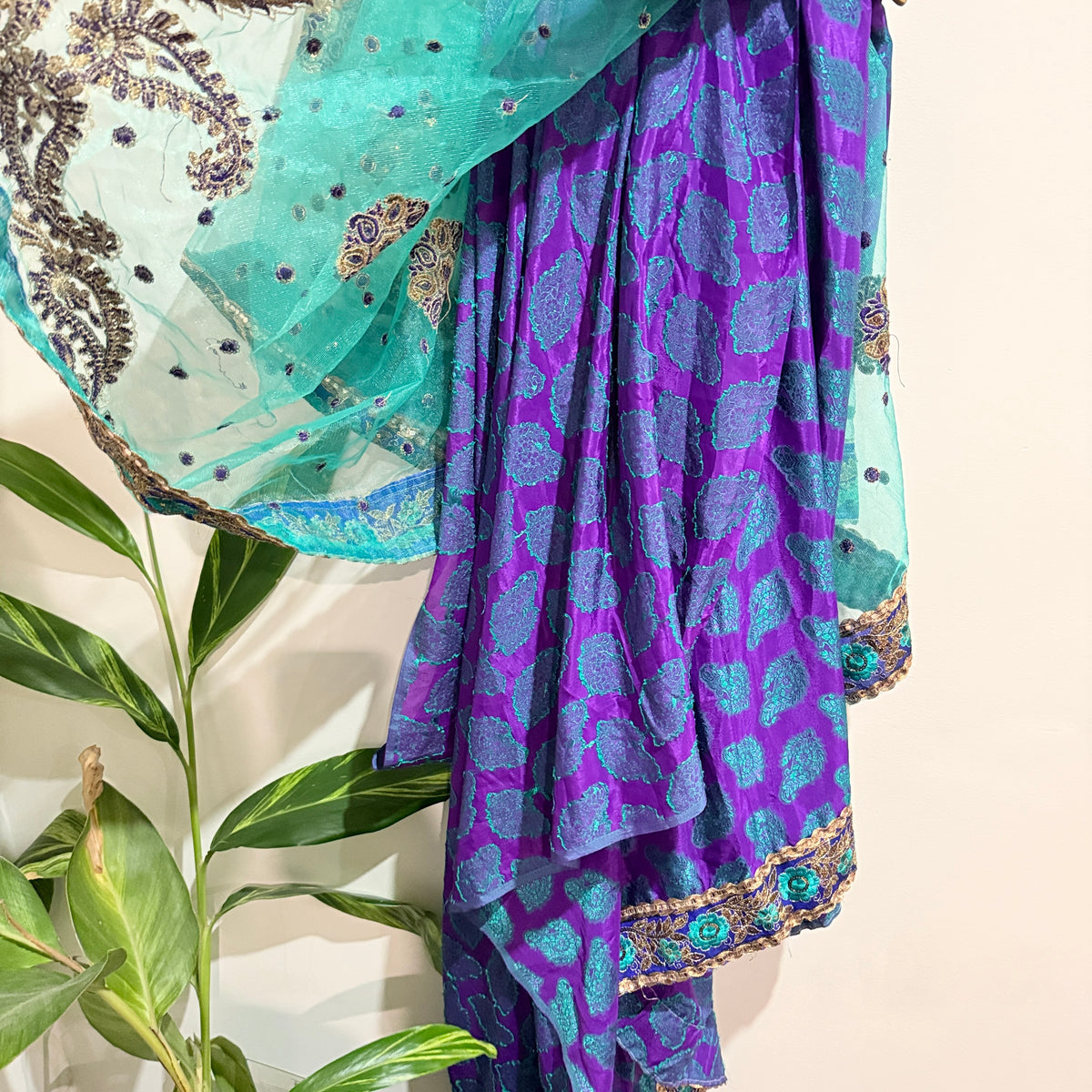Turquoise and Purple Embroidered Saree