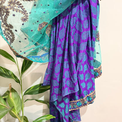 Turquoise and Purple Embroidered Saree